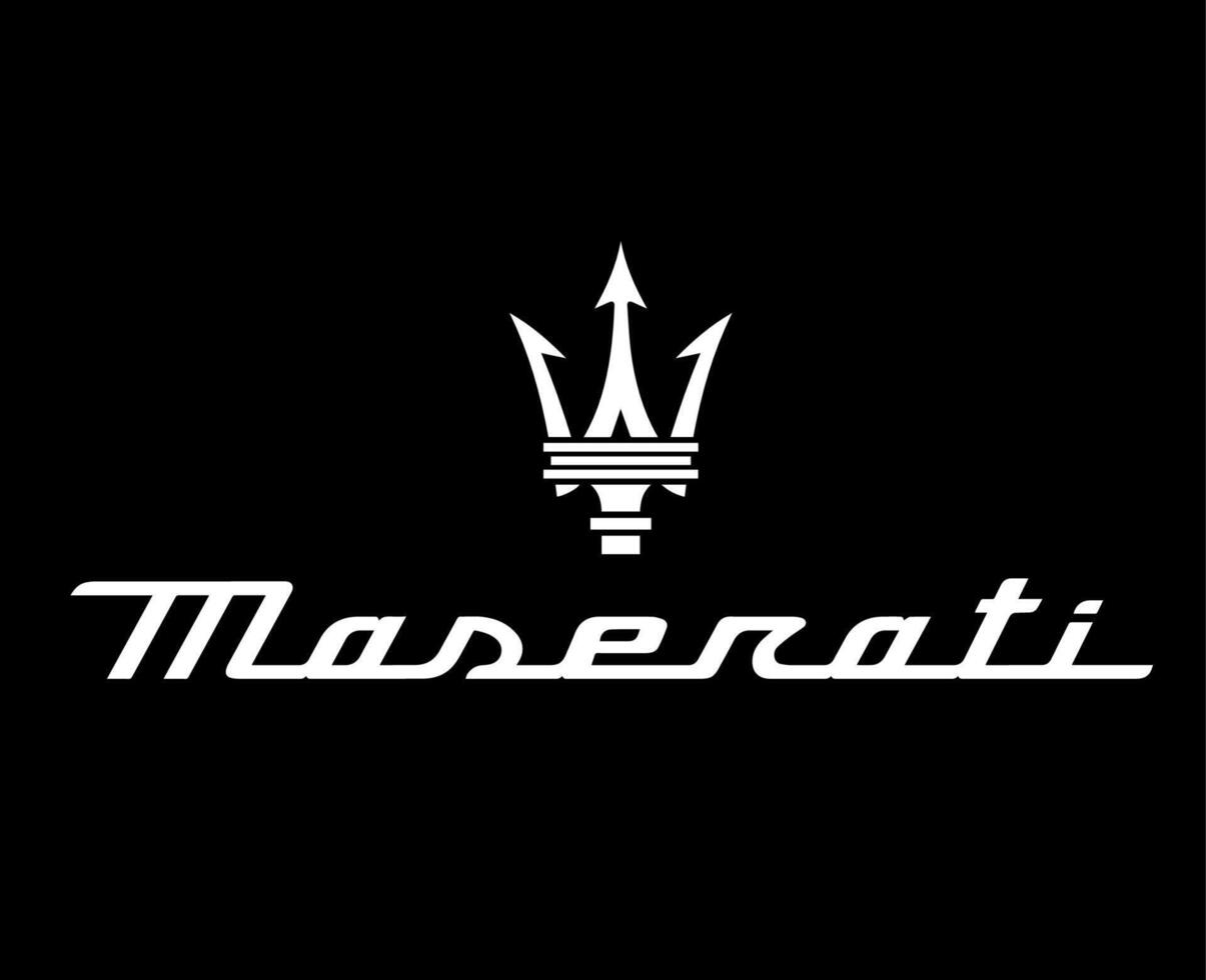 maserati symbol brand logo with name white design italian car automobile illustration with black background free vector